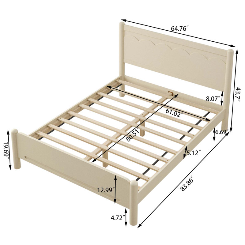 Base de lit plateforme en bois avec tête de lit et lattes en bois, Beige / Naturel, Grand lit