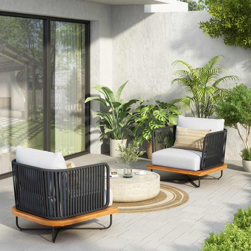 Dominic Outdoor Acacia Wood Rope Woven Club Chairs, White, Black