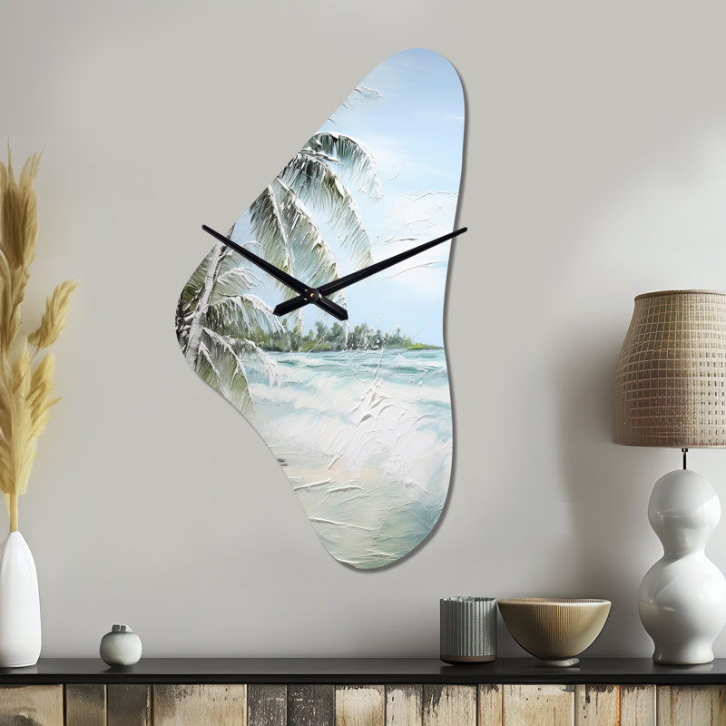 Sabastien Palm Tree Ocean View Paradise - Unique Shape Traditional Metal Clock, Asymmetrical Metal Clock Print, Moyenne