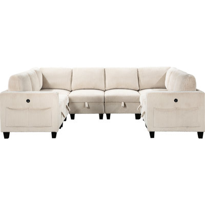 Beige Corduroy 8 Sectional With Storage, Charging Ports, Side Pockets & Solid Wood Construction Couch Storage Seats, Pockets, Ports In