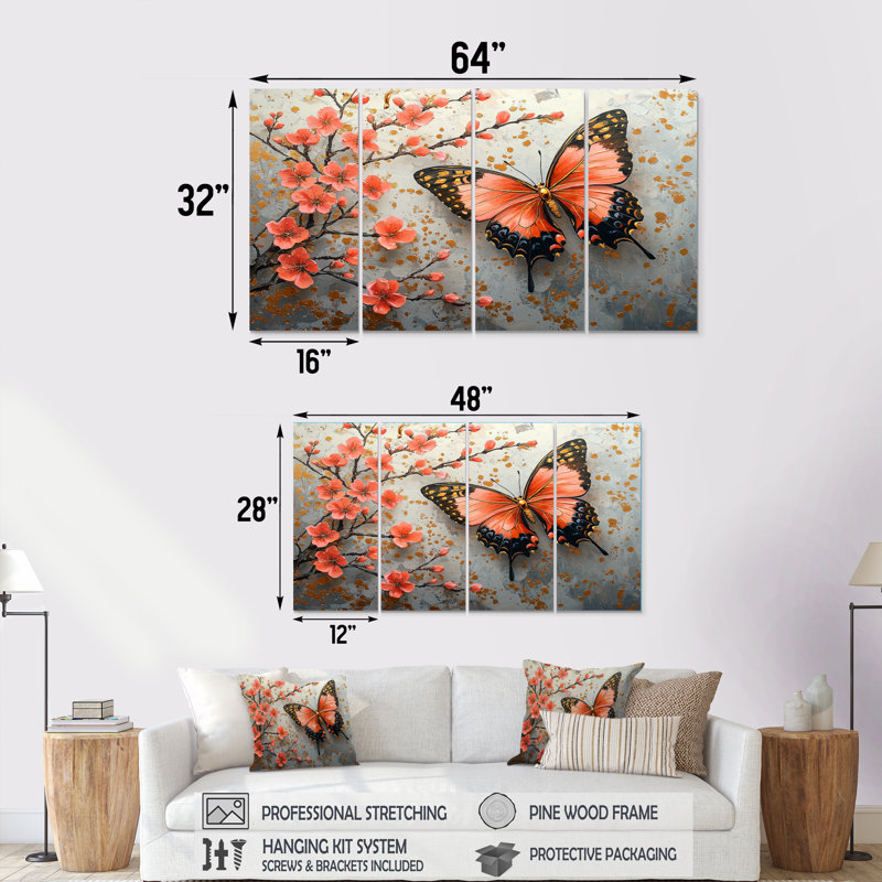 «Cherry Blossom Redd Butterfly on Branch», ensemble de reproductions d'art mural cerisier en fleurs, H 32 po x l 64 po