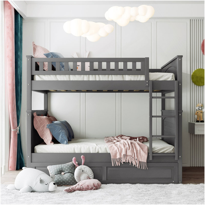 Lit superposé double au-dessus de double avec lit gigogne simple, lit superposé en bois de pin avec garde-corps, gris brossé