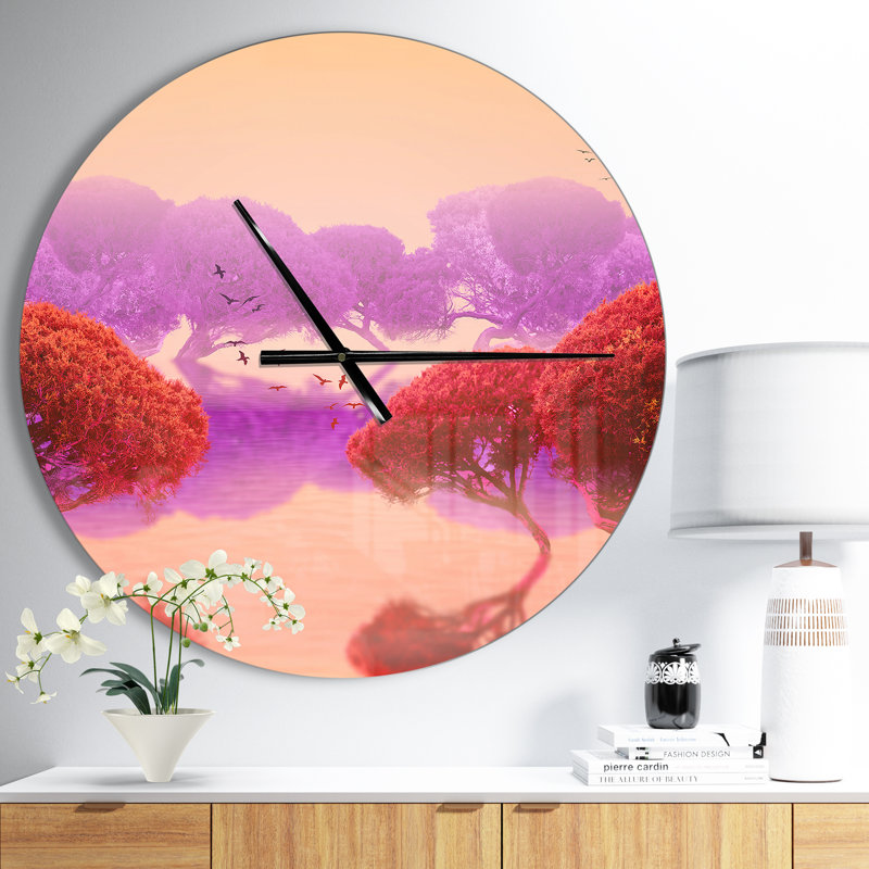 Jardin japonais rouge et mauve - horloge murale moderne, Moyen