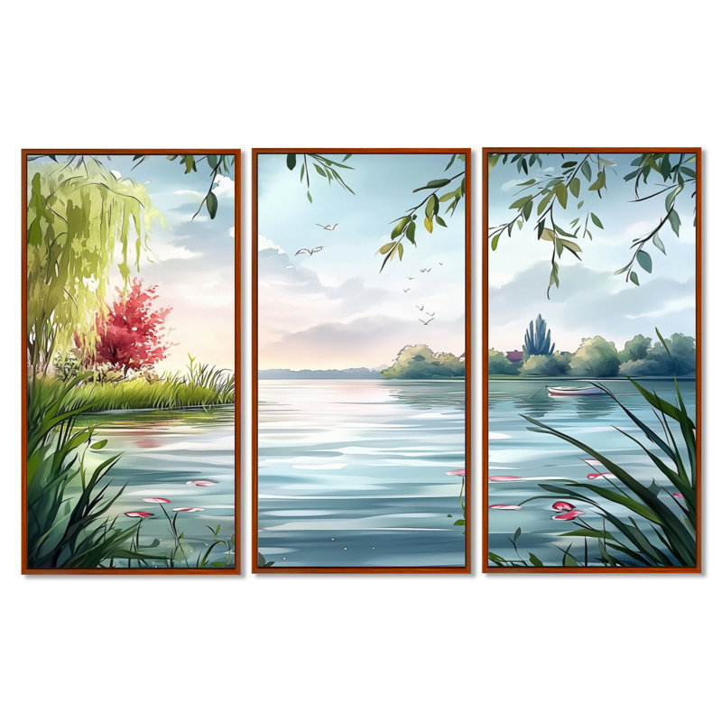 «Green Summer Breeze Lake Simplicity - Forest», ensemble d'art mural sur toile encadré, H 32 po x l 48 po