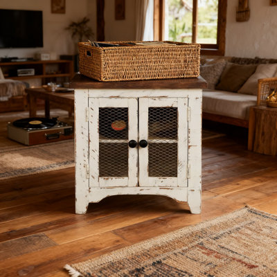 Farmhouse End Table With Storage Doors, Rustic Reclaimed Wood Look Accent Table With Metal Grills For Living Room, Entryway Or Hallway