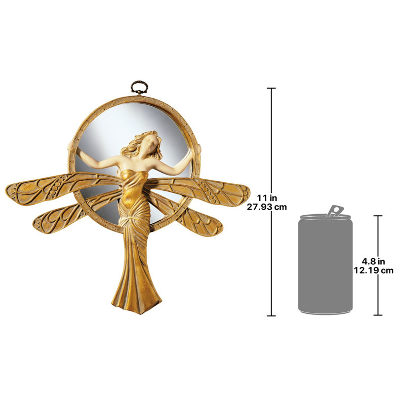 Art Deco Dragonfly Maiden 13" Gold and Ivory Round Wall Mirror