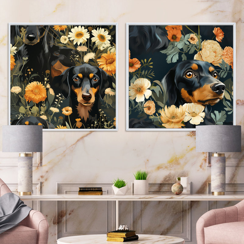 Daschund Dog - animaux, ensemble de 2 collages carrés, Cadre flottant blanc, H 36 po x l 73 po
