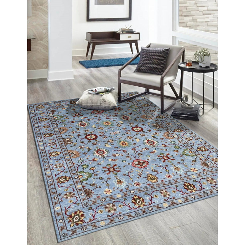 8x10 Blue Hand-Knotted Wool Floral Sky Classic Traditional Modern Contemporary Carpet Rug