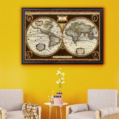 Decorative World Map - Antique World Map Wall Art, Matted and Framed Under Acrylic Glass, Office and Library Wall Art