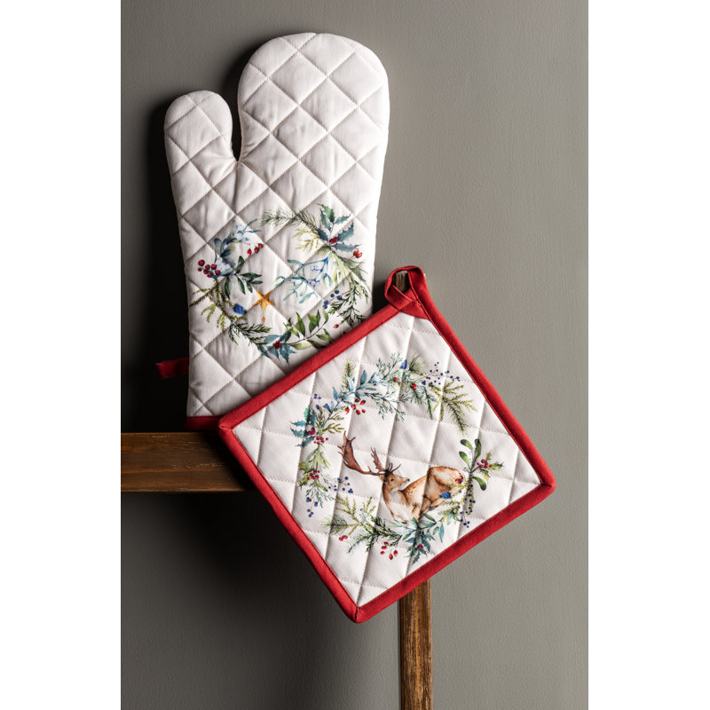 Maison d'Hermine Holly Time Gant de cuisine + Manique 100 % coton - 19 x 33 cm et 20 x 20 cm