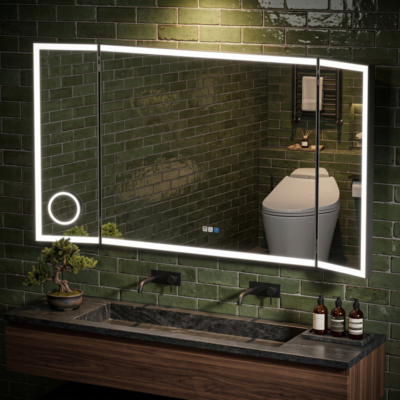 Miroir de salle de bain intelligent pliable en trois parties avec éclairage DEL, loupe, éclairage avant et arrière, intensité réglable, antibuée, fixation murale, dimensions : 168 cm (L) x 91 cm (H).