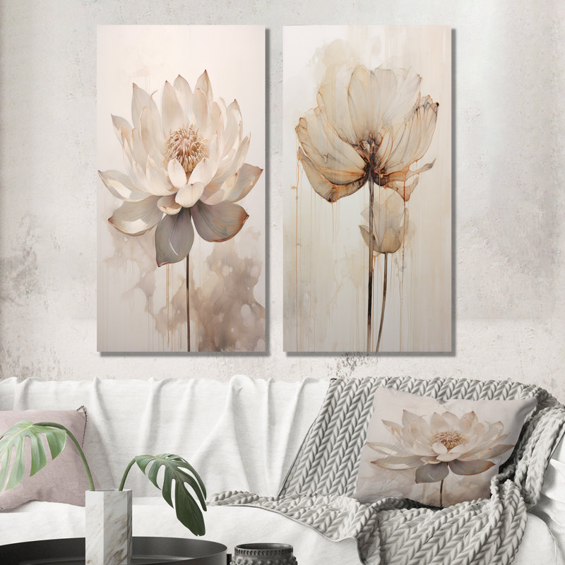 «Beige Lotus Reflections», ensemble d'art mural sur toile Lotus, H 28 po x l 25 po, Toile tendue