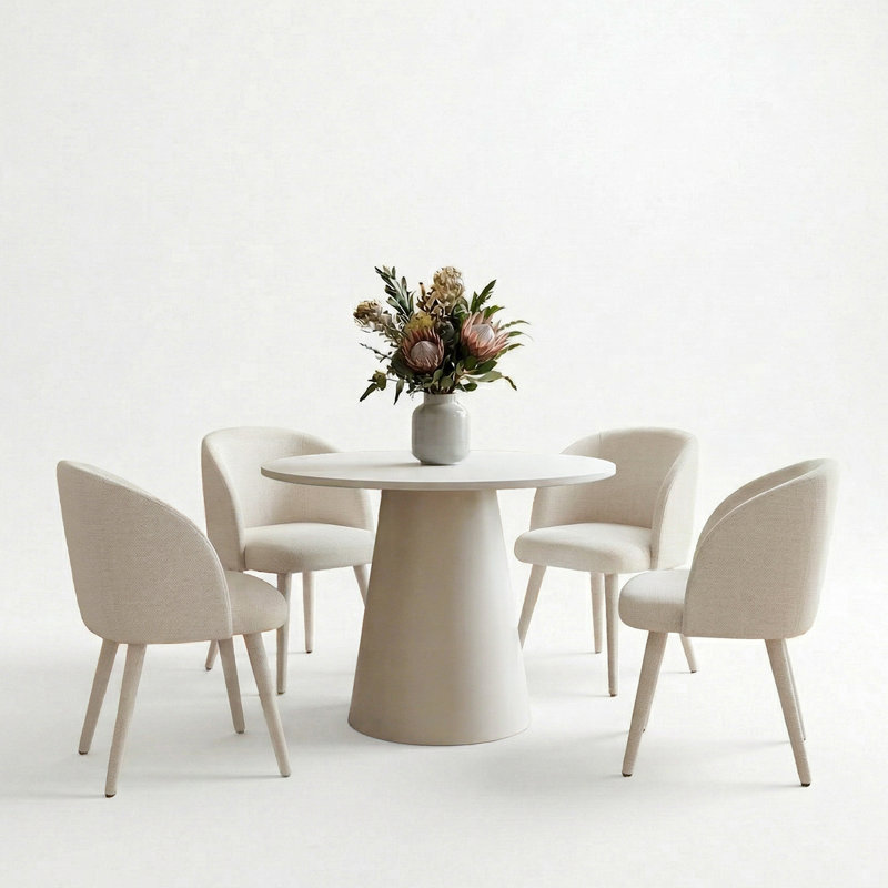 Modern 35" Round Dining Set with 4 Upholstered Armchairs, White