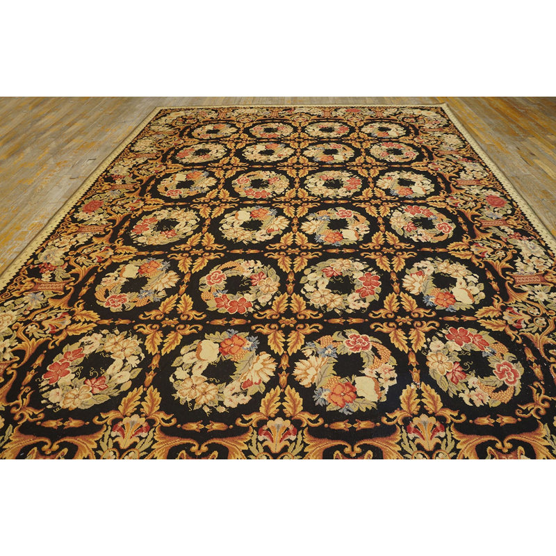 Vintage Needlepoint Chinese Floral, Geometric Rug