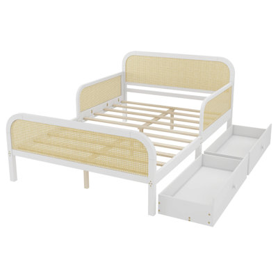 Structure de lit plateforme double avec 2 tiroirs de rangement, lit en rotin pour enfants avec tête et pied de lit, blanc