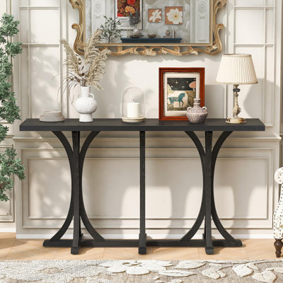 Console de 59,8 po en bois avec plateau en placage de chêne, table d'entrée de ferme avec pieds courbés minces en bois d'hévéa, parfaite pour le salon, le vestibule, le couloir et les espaces de salle à manger.
