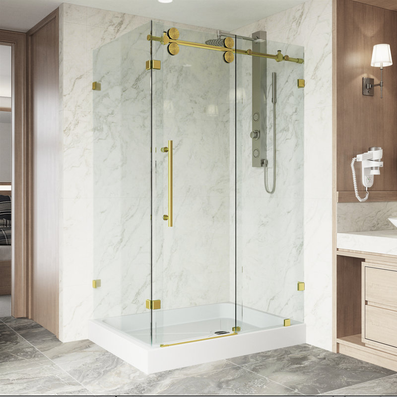 Cabine de douche coulissante sans cadre avec verre transparent 3/8 et base Winslow l 48 po x P 36 po x H 80 po, Or mat