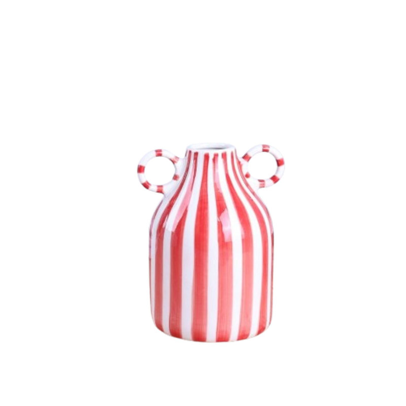 Petit vase décoratif en céramique à rayures rouges et blanches