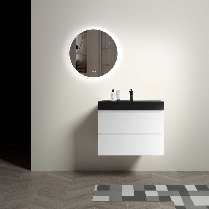 Meuble-lavabo mural flottant avec lavabo et rangement, Blanc, Noir