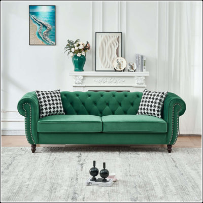 85" Chesterfield Velvet 3-Seater Sofa with Rolled Armrests & Nailhead