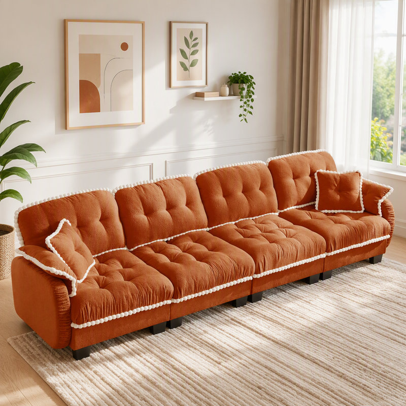 Canapé 4 places Chenille Cloud avec pouf et 4 coussins, vert, 4-Seater, Green