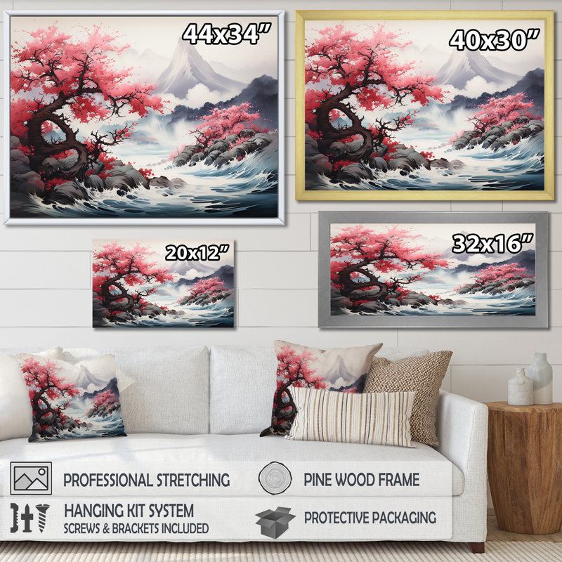 Rose, montagne du Japon, printemps, fleurs de cerisier I - Japon, art mural, Cadre de coin argenté fermé
