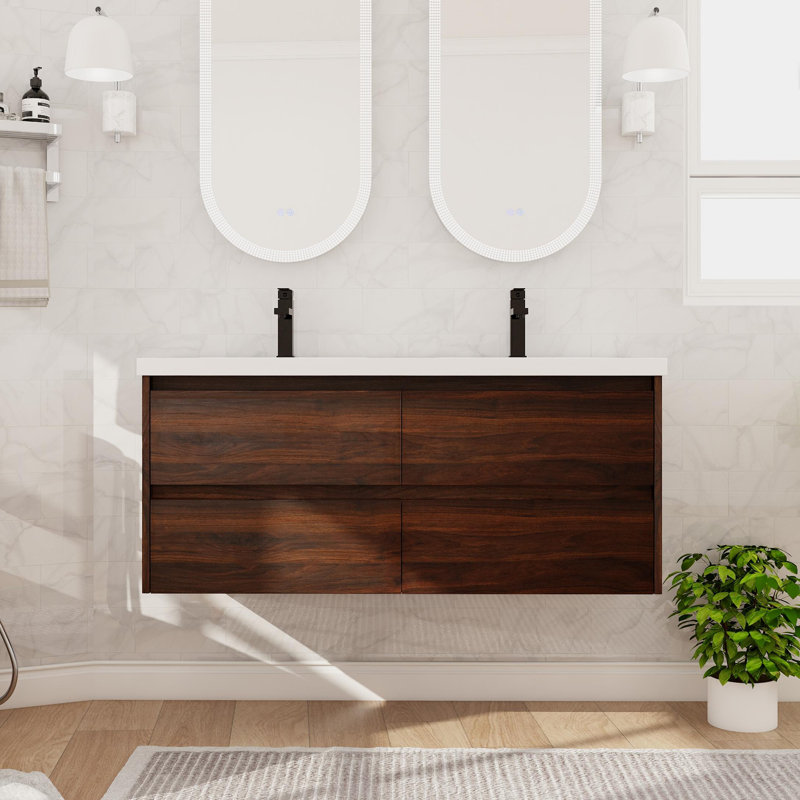 Paup 48" Wall Mounted Double Bathroom Vanity Set, Floating Bathroom Vanity with Resin Basin Sink Top, 4 Drawers, Walnut
