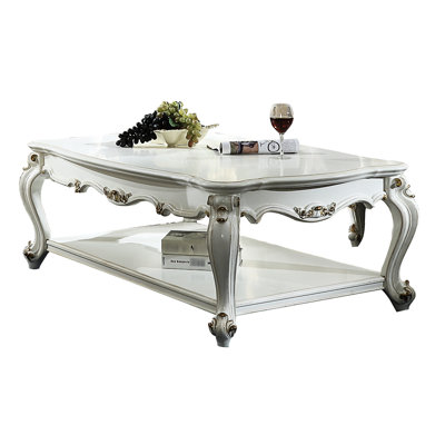 Table basse antique Pearl avec plateau rectangulaire et étagère de rangement, forme incurvée élégante