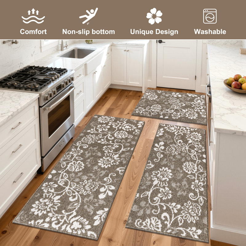24"W Floral Non Slip Washable Kitchen Mat (Set of 3), Tan
