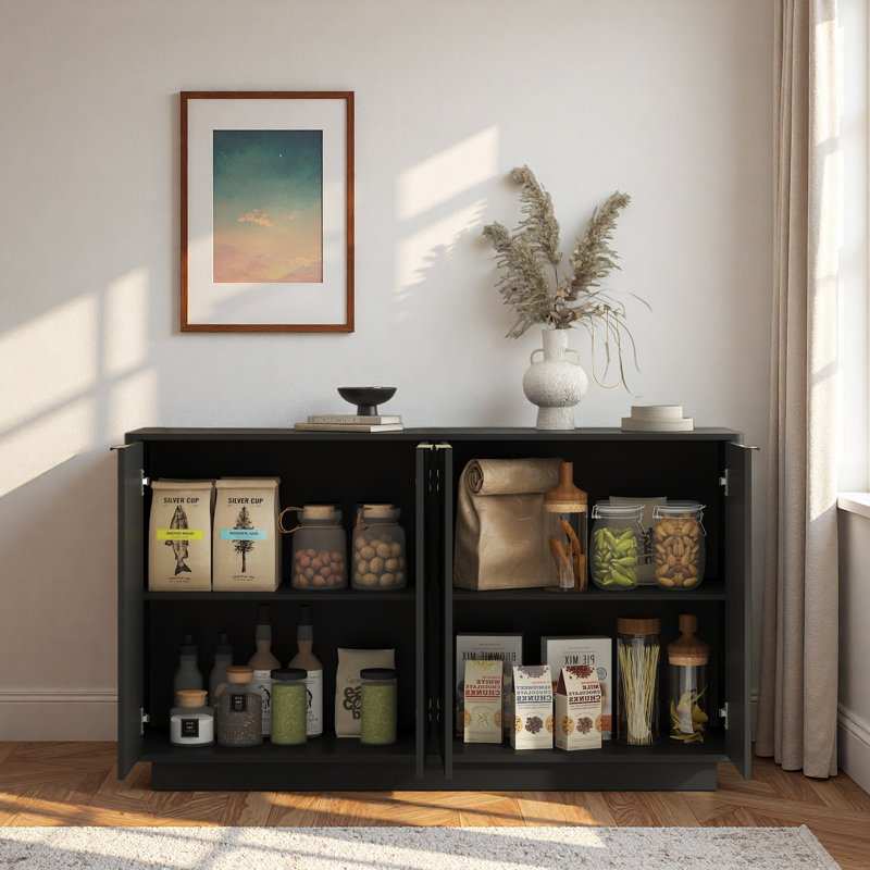 Buffet moderne cannelé avec tablettes réglables et poignées en métal, Noir