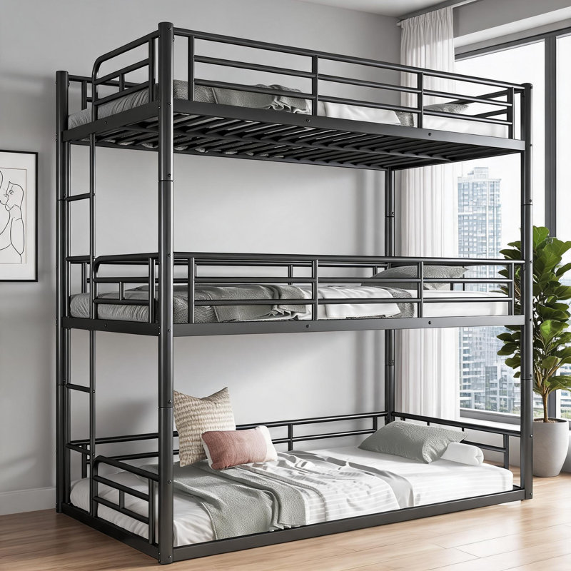 Structure de lit superposé triple en métal noir, conception verticale compacte à trois lits idéale pour les chambres partagées et les petits espaces invités