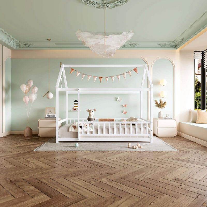 Lit simple en bois avec structure de toit, Lit simple, Blanc