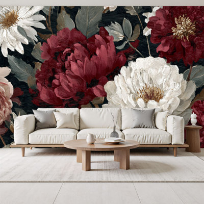Papier peint à peler et coller rétro avec fleurs de pivoines romantiques foncées, peinture à l'huile sur toile H 69 po x l 96 po, papier peint amovible en PVC, adhésif pour chambre à coucher, bureau à domicile