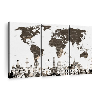 Ensemble 3 pièces carte du monde sur toile gris ardoise