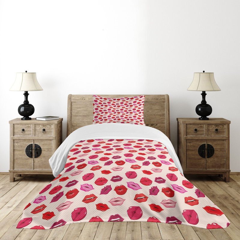 Ambesonne Ambesonne Kiss Bedspread Set Vivid Colored Lips Glamour Pale Rose and Multicolor