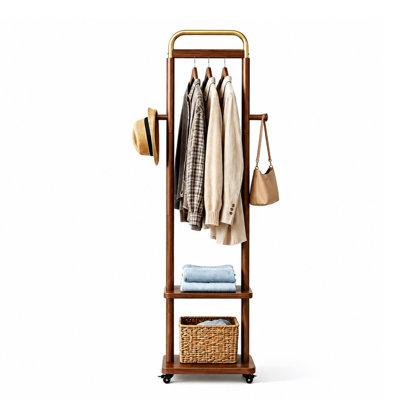 Coat Rack with 2 Storage Shelves, Wood Freestanding Coat Hanger with wheels, Space-Saving, Modern Entryway Storage