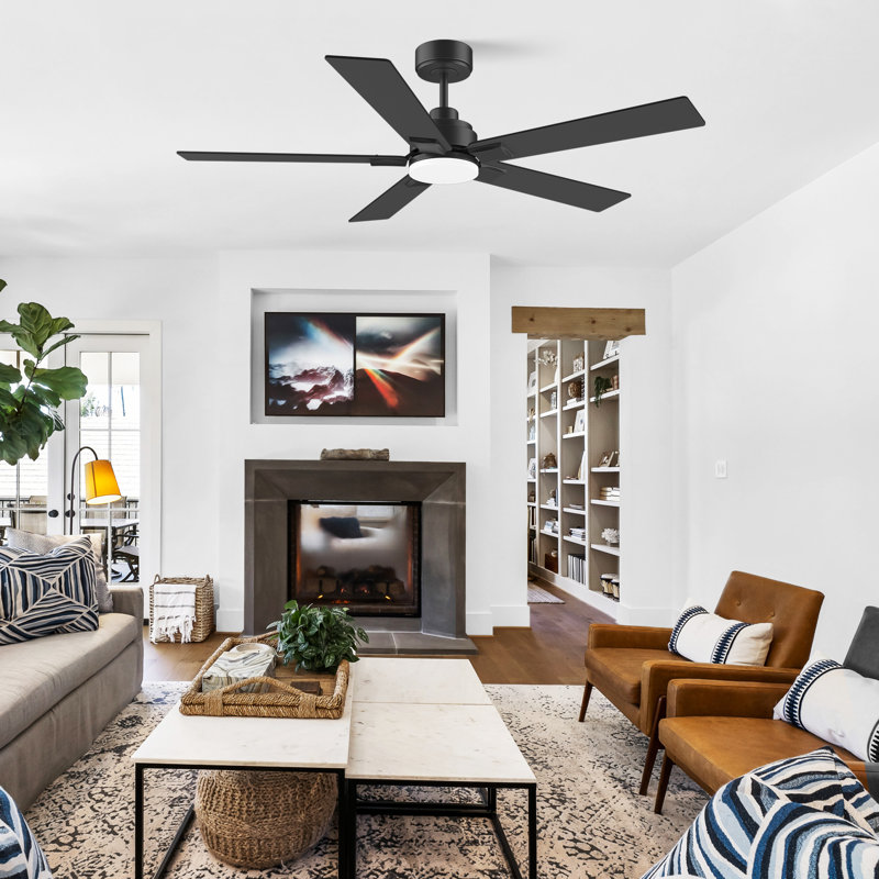 52 in.5-Blade Smart Indoor/Outdoor Black Downrod Ceiling Fan with LED Light, Remote & Voice Control via Alexa, Dimmable, 52"