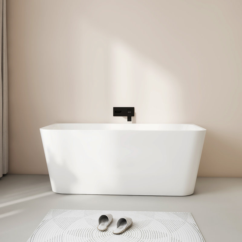 Baignoire autoportante en acrylique HIGEINE de 55 po, baignoire profonde, baignoire dos à mur moderne avec drain central et trop-plein intégrés