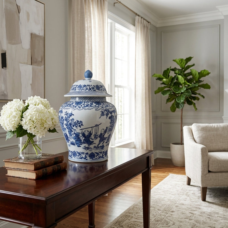 Chinoiserie Stoneware Ceramic Lidded Jar 15" Blue Traditional Decorative Accent for Home Office Bedroom Living Room