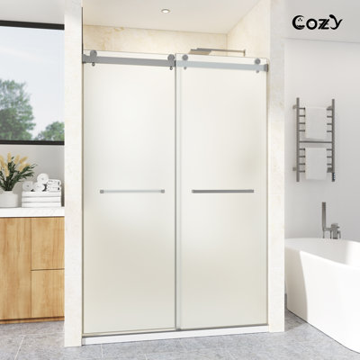 62-67" W x 76" H Frameless Double Sliding Shower Door with Frosted Glass