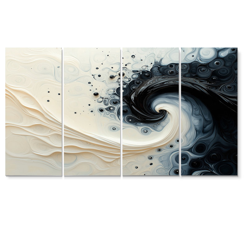 Noir et blanc en spirale encre rythmique rivière IV, H 28 po x l 48 po, 4