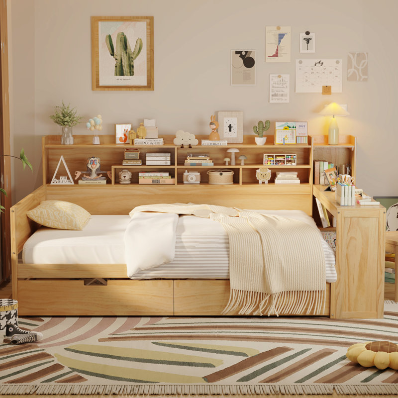 Lit de jour double en bois avec tablettes de rangement, lit multifonctionnel avec deux tiroirs de rangement et bureau d'étude