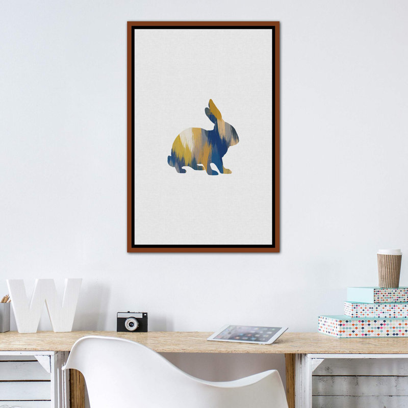 Lapin bleu et jaune - impression, Toile avec cadre en bois classique, H 40 po x l 26 po x P 1,5 po