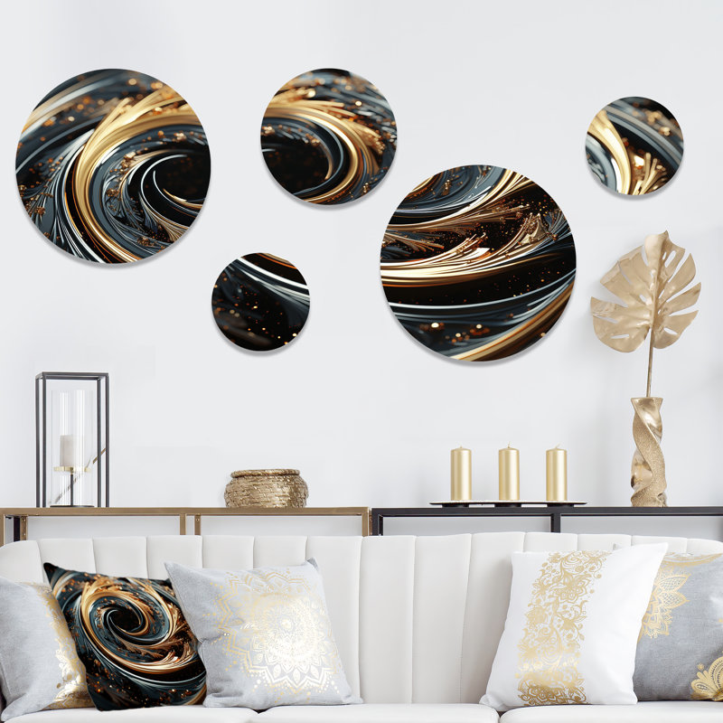 Or et vert hypnotique spirale abstraite II - spirales abstraites, ensemble d'art mural rond de 5