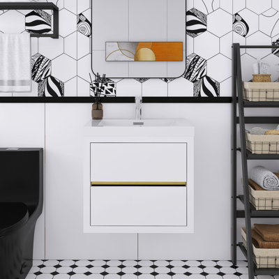 Glossy White Wall-Mounted Bathroom Vanity With Stone Resin Countertop And Soft Close Drawers