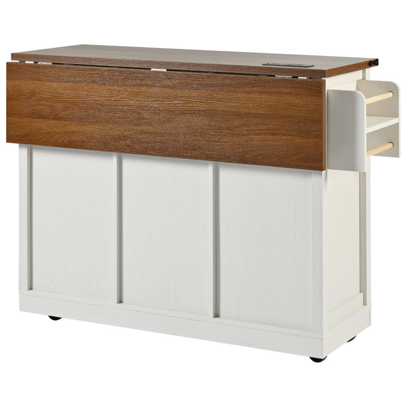 53.7" Farmhouse Kitchen Island with Power Outlet, 2 Sliding Barn Door Kitchen Storage Island with Drop Leaf, Spice Rack Rolling Kitchen Cart on Wheels, for Home, Kitchen and Dining Room