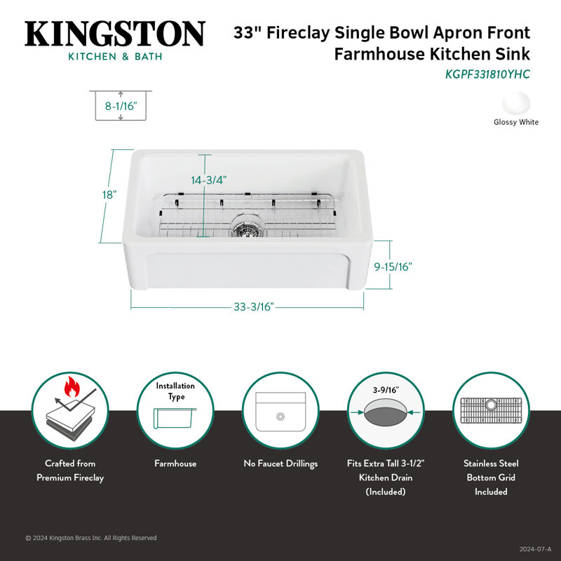 Kingston Brass Kaolin 33-Inch Fireclay Farmhouse Kitchen Sink
