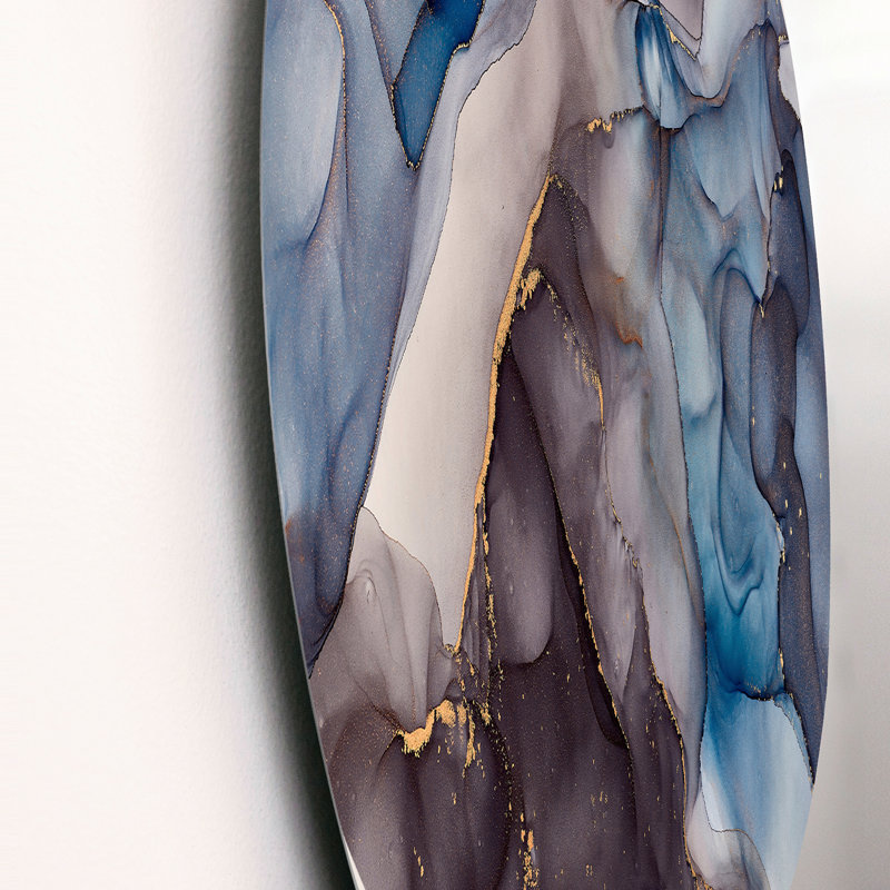 Gris et bleu, art abstrait fluide de luxe - cercle moderne en métal, art mural, H 11 po x l 11 po x P 1 po