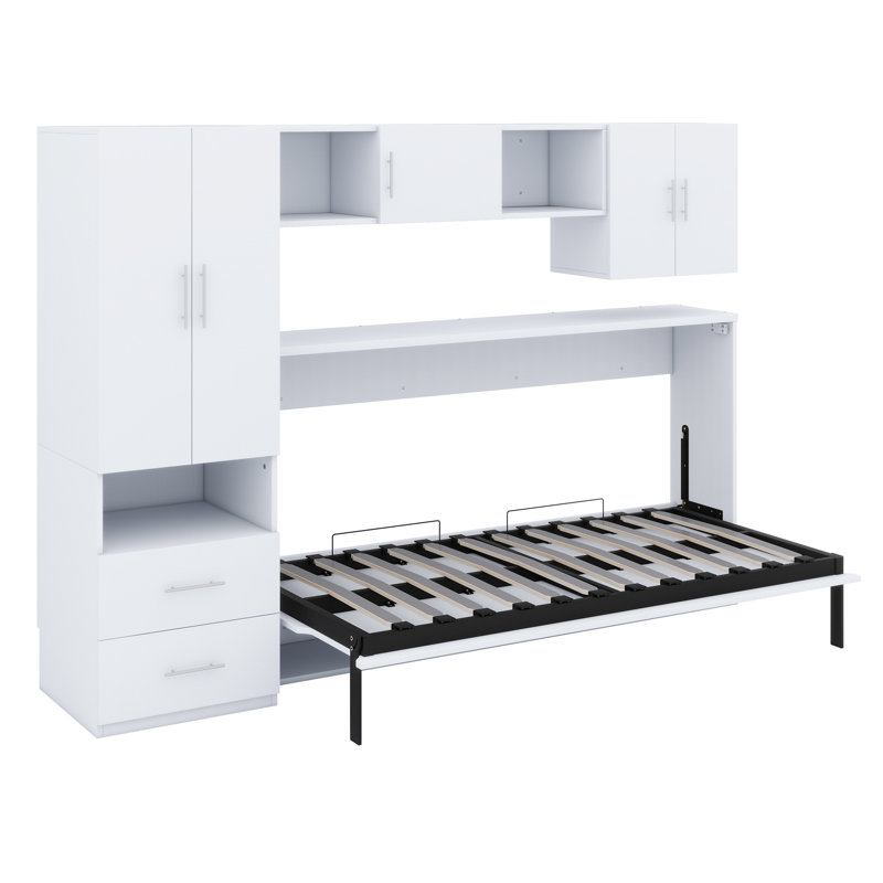 Murphy Bed With Open Shelves And Storage Drawers,Built-In Wardrobe And Table