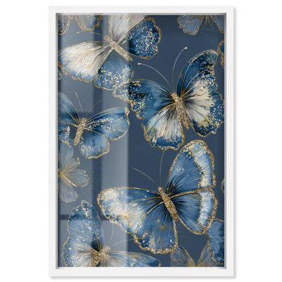 Décoration murale bleue Golden Wings I Shadowbox Print par Art Remedy, cadre blanc, 25 x 37